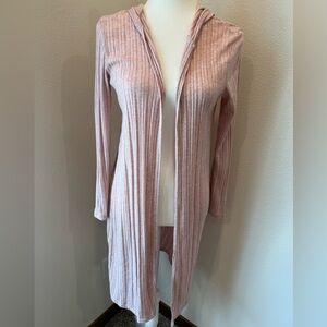 See You Monday Pink Ribbed Long Hooded Cardigan Small